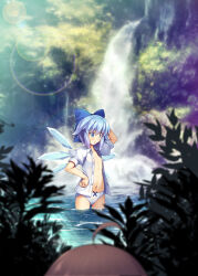 Rule 34 | 1boy, 1girl, ahoge, arm behind head, blue bow, blue eyes, blue hair, bow, brown hair, chima q, cirno, commentary request, day, flat chest, hair bow, hand on own hip, highres, ice, ice wings, lens flare, light blue hair, nature, navel, no bra, no pants, open clothes, open shirt, outdoors, panties, peeking, puffy short sleeves, puffy sleeves, shirt, short sleeves, solo focus, textless version, touhou, underwear, wading, water, waterfall, white panties, white shirt, wings
