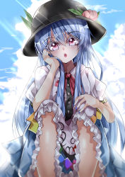 Rule 34 | 1girl, absurdres, apron, backlighting, black hat, blouse, blue background, blue hair, blue nails, blue skirt, blue sky, bow, bowtie, buttons, center frills, cloud, cloudy sky, collared shirt, commentary request, feet out of frame, frilled skirt, frills, hair between eyes, hand on own cheek, hand on own face, hand on own knee, hat, head tilt, highres, hinanawi tenshi, leaf hat ornament, long hair, looking at viewer, mahoro (minase mahoro), nail polish, open mouth, outdoors, peach hat ornament, print apron, puffy short sleeves, puffy sleeves, red bow, red bowtie, red eyes, shirt, short sleeves, skirt, sky, solo, teeth, touhou, upper teeth only, very long hair, waist apron, white shirt