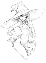Rule 34 | 1girl, breasts, cropped legs, dress, greyscale, hand on own hip, hat, liche (wiggly liche), looking at viewer, monochrome, one-punch man, side slit, simple background, small breasts, smile, solo, standing, tatsumaki, white background, witch, witch hat