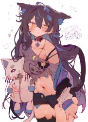 1girl :3 ;3 ahoge animal_ear_fluff animal_ears black_choker black_hair blue_hair blush cat_ears choker collarbone colored_inner_hair grabbing_own_thigh grey_shirt heart highres holding holding_stuffed_toy indie_virtual_youtuber long_hair looking_at_viewer multicolored_hair multiple_views navel one_eye_closed otintin shirt simple_background single_thighhigh solo_focus stuffed_animal stuffed_toy sweat thighhighs virtual_youtuber white_background yellow_eyes yowamushi_toka