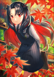Rule 34 | 1girl, arms behind back, autumn, autumn leaves, belt buckle, black dress, black hair, black ribbon, blurry, blurry foreground, blush, briefcase, buckle, closed mouth, commentary request, day, depth of field, dress, fate/grand order, fate (series), feet, hair ribbon, holding, ishtar (fate), leaf, leaning forward, long hair, long sleeves, looking at viewer, maple leaf, multicolored hair, outdoors, parted bangs, pinafore dress, railing, red eyes, red hair, red ribbon, ribbon, school briefcase, school uniform, shirt, sleeveless, sleeveless dress, smile, solo, space ishtar (fate), standing, two-tone hair, two side up, unowen, very long hair, white shirt