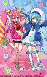 Rule 34 | 2girls, :d, bandaid, bandaid on knee, bandaid on leg, bare shoulders, bike shorts, blonde hair, blue bow, blue bowtie, blue footwear, blue hair, blue jacket, bow, bowtie, breasts, closed mouth, commentary request, cropped vest, demon tail, dress, duel monster, flat chest, full body, green eyes, hair between eyes, hand up, hands up, hat, holding, holding stuffed toy, homi28, jacket, ki-sikil (yu-gi-oh!), lil-la (yu-gi-oh!), live twin ki-sikil, live twin lil-la, long hair, long sleeves, looking at viewer, medium breasts, midriff, multicolored hair, multiple girls, navel, off shoulder, open clothes, open jacket, open mouth, over-kneehighs, partially unzipped, pink footwear, pink hair, pink jacket, purple eyes, red vest, sailor hat, shoes, short hair, sidelocks, smile, sneakers, socks, standing, standing on one leg, stuffed animal, stuffed shark, stuffed toy, tail, tail ornament, tail ring, thighhighs, twintails, v, vest, white dress, white headwear, white socks, wings, yu-gi-oh!, zoom layer