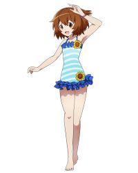Rule 34 | 1girl, :d, armpits, barefoot, bracelet, brown eyes, brown hair, casual one-piece swimsuit, feet, flower, frilled swimsuit, frills, full body, hair between eyes, jewelry, log horizon, minori (log horizon), official art, one-piece swimsuit, open mouth, short hair, smile, solo, standing, striped clothes, striped one-piece swimsuit, sunflower, swimsuit, transparent background, yellow flower