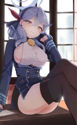 Rule 34 | 1girl, absurdres, ako (blue archive), bell, black thighhighs, blue archive, blue eyes, blue gloves, blue hair, blush, breasts, closed mouth, commentary request, crossed legs, desk, ear piercing, emirio (emirio110), gloves, hair between eyes, hairband, half gloves, halo, highres, large breasts, long sleeves, looking at viewer, medium hair, neck bell, piercing, sideboob, signature, sitting, solo, thighhighs, window