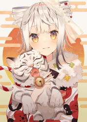 Rule 34 | 1girl, absurdres, animal, bell, blush, brown eyes, chinese zodiac, closed mouth, commentary request, egasumi, floral print, fur collar, highres, japanese clothes, jingle bell, kimono, long sleeves, looking at viewer, minasenagi, original, print kimono, silver hair, smile, solo, tiger, upper body, white kimono, white tiger, wide sleeves, year of the tiger