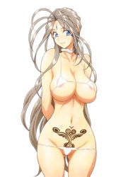 Rule 34 | 1girl, aa megami-sama, areola slip, arms behind back, belldandy, bikini, blue eyes, breasts, brown hair, collar, facial mark, female focus, forehead mark, gluteal fold, highres, jewelry, joy division, large breasts, lipstick, makeup, pubic tattoo, simple background, smile, solo, standing, swimsuit, tattoo, thigh gap, white background