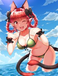 Rule 34 | 1girl, ;d, animal ears, bad id, bad pixiv id, belly, bikini, blush, braid, breasts, cat ears, cleavage, day, extra ears, green bikini, hair ribbon, highres, kaenbyou rin, large breasts, leaning forward, long hair, looking at viewer, multiple tails, navel, one eye closed, open mouth, papo, partially submerged, paw pose, pointy ears, red eyes, red hair, ribbon, side-tie bikini bottom, sky, smile, solo, standing, swimsuit, tail, tongue, touhou, twin braids, two tails, wading, water, wet, wrist cuffs