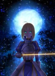 Rule 34 | 1girl, ahoge, armor, armored dress, artoria pendragon (fate), bad id, bad pixiv id, blonde hair, dress, excalibur (fate/stay night), fate/zero, fate (series), full moon, gauntlets, glowing, glowing sword, glowing weapon, green eyes, hair ribbon, highres, kuruwa223, moon, ribbon, saber (fate), solo, sword, weapon