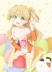 Rule 34 | 1girl, blonde hair, bra, breasts, character doll, commentary request, doll, green eyes, hair ornament, hair scrunchie, holding, holding doll, idolmaster, idolmaster cinderella girls, jougasaki rika, long hair, long sleeves, looking at viewer, multicolored bra, multicolored clothes, multicolored panties, naname yr8, no pants, off shoulder, on pillow, open clothes, open mouth, open shirt, orange shirt, panties, partial commentary, pillow, scrunchie, shirt, sitting, small breasts, smile, solo, star (symbol), striped background, striped clothes, striped thighhighs, stuffed animal, stuffed cat, stuffed toy, thighhighs, two side up, underwear, w, wariza, yellow background, yellow scrunchie, yellow thighhighs