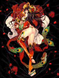 Rule 34 | 1girl, ass, barefoot, black hair, blush, breasts, clog sandals, detached sleeves, fingerless gloves, gloves, headdress, jewelry, large breasts, leg up, long hair, lots of jewelry, okobo, open mouth, original, petals, red thighhighs, ring, sandals, sayo tanku, shoes, single shoe, soles, solo, thighhighs, toeless legwear, toes