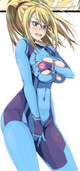 Rule 34 | 1girl, @ @, blonde hair, blue eyes, blush, bodysuit, breasts, covered navel, covering privates, covering breasts, female focus, large breasts, long hair, metroid, mole, mole under mouth, morimoto kiyona, nintendo, open mouth, ponytail, samus aran, simple background, solo, torn bodysuit, torn clothes, zero suit