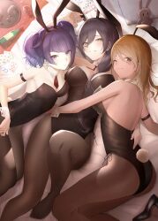 Rule 34 | 3girls, :o, ;), absurdres, animal ears, arm strap, ass, backless leotard, black leotard, black pantyhose, blush, bottle, breasts, card, cleavage, cup, detached collar, drinking glass, fake animal ears, hair between eyes, highres, idolmaster, idolmaster shiny colors, izumi mei, large breasts, leotard, looking at viewer, lying, medium breasts, multiple girls, necktie, no shoes, on back, on side, one eye closed, pantyhose, playboy bunny, playing card, rabbit ears, rabbit tail, red necktie, seseri aoba, shirase sakuya, shoes, short necktie, smile, strapless, strapless leotard, stuffed animal, stuffed rabbit, stuffed toy, tail, tanaka mamimi, unworn shoe, unworn shoes, wine bottle, wine glass, wrist cuffs