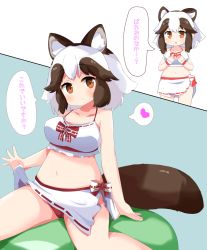 Rule 34 | 1girl, animal ears, berusa (berutoo), black hair, blush, breasts, brown eyes, closed mouth, collarbone, heart, highres, kemono friends, large breasts, looking at viewer, multicolored hair, navel, raccoon ears, raccoon girl, raccoon tail, short hair, smile, solo, speech bubble, spoken heart, swimsuit, tail, tanuki (kemono friends), translation request, white hair