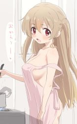 Rule 34 | 1girl, :d, apron, ass, blush, breasts, collarbone, cooking, covered erect nipples, from side, hair between eyes, highres, kitchen, ladle, large breasts, light brown hair, long hair, looking at viewer, looking to the side, minagi koharu, musical note, naked apron, no bra, off shoulder, open mouth, pink apron, pot, red eyes, shiny skin, sideboob, sincos, sketch, slow loop, smile, solo, spoken musical note, standing, steam, stove, strap slip, translated, two side up, unfinished, sketch background, window