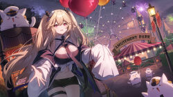 Rule 34 | 1girl, aerial fireworks, amusement park, anchorage (azur lane), artist request, azur lane, balloon, belt, black ribbon, cat, dusk, ferris wheel, fireworks, hair ribbon, hat, highres, holding, holding balloon, lamppost, light brown hair, long hair, long sleeves, looking at viewer, meowfficer (azur lane), midriff, navel, official art, outdoors, peaked cap, pink eyes, reaching, reaching towards viewer, ribbon, sleeves past fingers, sleeves past wrists, sparkle, thigh belt, thigh strap, two side up