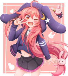 Rule 34 | 10s, 1girl, ;d, ahoge, bad id, bad pixiv id, rabbit, rabbit hair ornament, crescent, crescent hair ornament, fang, hair ornament, hood, hoodie, kantai collection, navel, one eye closed, open mouth, pink hair, red eyes, school uniform, sills, smile, solo, uzuki (kancolle), v
