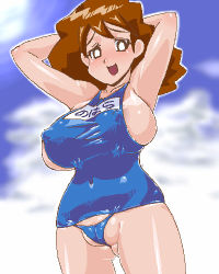 Rule 34 | 1girl, areola slip, breasts, cameltoe, cloud, crayon shin-chan, fat mons, happy, large breasts, long hair, looking at viewer, lowres, mature female, name tag, nohara misae, open mouth, outdoors, partially visible vulva, school swimsuit, shiny skin, sideboob, sky, smile, solo, swimsuit, undersized clothes