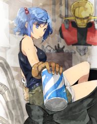 Rule 34 | 1girl, bad id, bad pixiv id, blue eyes, blue hair, breasts, brown gloves, can, drill, drink can, from side, gloves, hair bobbles, hair ornament, hairclip, hisou tensoku, industrial pipe, kawashiro nitori, large breasts, looking at viewer, mouth hold, shorts, sitting, soda can, solo, suminagashi, sweat, tank top, touhou, two side up, wrench