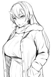 Rule 34 | 1girl, blush, breasts, breath, cold, fur trim, greyscale, hair between eyes, hands in pockets, horns, jacket, large breasts, long hair, monochrome, obmas, original, parted lips, pointy ears, simple background, slit pupils, solo, standing, white background