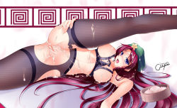 Rule 34 | 1girl, breasts, censored, cum, cum in pussy, cum on body, cum on stomach, embodiment of scarlet devil, gisyo, hat, hong meiling, large breasts, pussy, solo, spread legs, thighhighs, thighs, torn clothes, torn thighhighs, touhou
