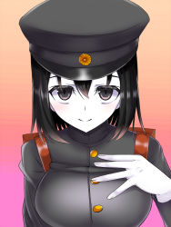 Rule 34 | 10s, 1girl, akitsu maru (kancolle), backpack, bad id, bad pixiv id, bag, black hair, black hat, breasts, buttons, colored skin, gloves, gradient background, grey eyes, hand on own chest, hat, kantai collection, long sleeves, looking at viewer, looking up, okuri banto, pale skin, peaked cap, randoseru, short hair, smile, solo, uniform, upper body, white gloves, white skin
