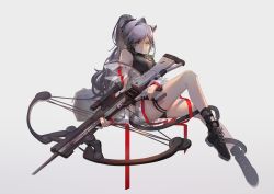 Rule 34 | 1girl, animal ears, arknights, bare shoulders, black footwear, bow (weapon), breasts, cat ears, cat girl, cat tail, closed mouth, crop top, crossbow, full body, grey hair, gun, high ponytail, holding, holding gun, holding weapon, huan zi bu cheng, invisible chair, jacket, knee up, large breasts, long hair, long sleeves, looking at viewer, open clothes, open jacket, rifle, schwarz (arknights), see-through, see-through jacket, shoes, simple background, sitting, sniper rifle, solo, tail, thigh strap, v-shaped eyebrows, weapon, white background, white jacket, yellow eyes