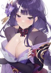 Rule 34 | 1girl, absurdres, braid, breast hold, breasts, bridal gauntlets, cleavage, collarbone, crossed arms, flower, genshin impact, hair flower, hair ornament, highres, japanese clothes, kaa-san, kimono, large breasts, looking at viewer, low-braided long hair, low-tied long hair, mitsudomoe (shape), mole, mole under eye, nail polish, obi, obiage, obijime, parted lips, purple eyes, purple flower, purple hair, purple kimono, purple nails, raiden shogun, sash, simple background, solo, tomoe (symbol), upper body, white background