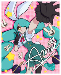 Rule 34 | 1girl, annie (skullgirls), braid, bright pupils, character name, eyepatch, gingham, gloves, green hair, hair over one eye, highres, juliet sleeves, licking lips, long hair, long sleeves, official alternate costume, outstretched arm, outstretched hand, puffy sleeves, sagan (skullgirls), skullgirls, smile, solo, soylakagura, star-shaped pupils, star (symbol), symbol-shaped pupils, tongue, tongue out, twin braids, v, white pupils
