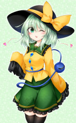 Rule 34 | 1girl, black thighhighs, blouse, blush, bow, breasts, collar, crystal, eyes visible through hair, floral background, floral print, flower, frills, green background, green collar, green eyes, green flower, green hair, green rose, green skirt, hair between eyes, hand up, hat, hat bow, heart, highres, komeiji koishi, long sleeves, looking at viewer, marukyuu ameya, medium breasts, one eye closed, open mouth, rose, rose print, shirt, short hair, skirt, solo, standing, thighhighs, third eye, touhou, white flower, wide sleeves, yellow bow, yellow shirt, yellow sleeves