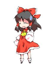 Rule 34 | 1girl, ascot, bare shoulders, black footwear, bow, chibi, closed eyes, collar, collared dress, crying, dairi, detached sleeves, dress, full body, grey hair, hair between eyes, hair ornament, hair tubes, hakurei reimu, hand on own hip, long sleeves, open mouth, red bow, red dress, shaded face, shoes, short hair, simple background, sleeveless, sleeveless dress, socks, solo, standing, tachi-e, tears, touhou, transparent background, white background, white sleeves, white socks, wide sleeves, yellow ascot