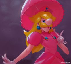 Rule 34 | 1other, absurdres, artist name, big nose, blonde hair, blue eyes, dress, facial hair, fusion, gloves, half-closed eyes, hand up, hat, highres, holding, lips, long hair, looking at viewer, luigi, mario (series), mustache, nicholas theil, nintendo, open mouth, parasol, pink dress, pink hat, princess peach, puffy short sleeves, puffy sleeves, purple background, short sleeves, signature, simple background, solo, standing, super mario bros. 1, suspenders, umbrella, upper body, white gloves