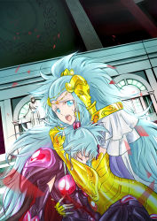 Rule 34 | 2girls, :o, absurdres, armor, blood, blue eyes, blue hair, closed eyes, commentary request, crying, crying with eyes open, fingerless gloves, gemini integra, gemini paradox, gloves, gold armor, gold saint, graphite (medium), highres, hug, long hair, looking at viewer, luode, mask, multiple girls, saint seiya, saint seiya omega, siblings, sisters, tears, traditional media, twins