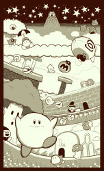 Rule 34 | 6+boys, ? block, aircraft, black hat, blipper, blush, broom, cannon, castle, character request, dirigible, english text, greyscale, hat, holding, holding umbrella, kaboola, kirby, kirby&#039;s adventure, kirby&#039;s dream land, kirby (series), kracko, lololo (kirby), looking at another, looking at viewer, male focus, maxim tomato, monochrome, multiple boys, naga u, nintendo, parasol, smile, star (sky), star (symbol), starfish, text focus, tongue, tongue out, tree, umbrella, waddle dee, waddle doo, water, whispy woods, wings, witch hat