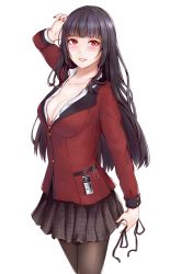 Rule 34 | 1girl, akicho, black hair, black pantyhose, blunt bangs, blush, bra, breasts, card, cleavage, collarbone, commentary request, hand up, highres, hime cut, holding, jabami yumeko, jacket, kakegurui, large breasts, long hair, looking at viewer, open clothes, pantyhose, parted lips, red bra, red eyes, school uniform, shirt, simple background, skirt, smile, solo, underwear, very long hair, white background