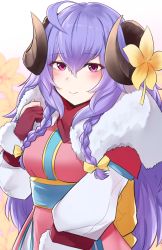 Rule 34 | 1girl, ahoge, alternate eye color, alternate hair color, braid, breasts, curled horns, flower, fur collar, gloves, hair between eyes, hair flower, hair ornament, hand up, highres, horns, japanese clothes, k0ng, kimono, kindred (league of legends), lamb (league of legends), league of legends, long hair, long sleeves, looking at viewer, obi, official alternate costume, official alternate hairstyle, partially fingerless gloves, pink eyes, pink kimono, purple hair, red gloves, sash, side braid, small breasts, smile, solo, spirit blossom kindred, twin braids, upper body, yellow flower