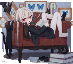 Rule 34 | 1girl, :o, animal, artist name, bat (animal), black cat, black skirt, book, book stack, borrowed character, bug, butterfly, cat, commentary, couch, fang, full body, grey hair, hair between eyes, highres, holding, holding book, indoors, insect, key, long hair, long sleeves, looking at viewer, open mouth, original, pantyhose, pillow, reading, red eyes, shoes, single shoe, skirt, solo, uchako, unworn shoe, unworn shoes, white pantyhose