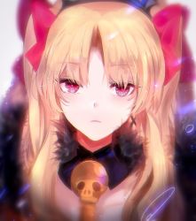 Rule 34 | 1girl, black collar, blonde hair, blurry, blurry background, bow, closed mouth, collar, depth of field, ereshkigal (fate), fate/grand order, fate (series), fur trim, grey background, hair bow, highres, light frown, long hair, looking at viewer, parted bangs, pekerika, red bow, red eyes, skull, solo, tiara, two side up, upper body, wing collar