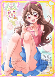 1girl barefoot blue_skirt blush brown_hair clothing_cutout commentary_request creature dated fairy fortissimo hair_ornament hairband hanzou heart heart_hands highres kimi_to_idol_precure long_hair long_sleeves musical_note musical_note_hair_ornament open_mouth panties pantyshot partial_commentary pink_hairband pink_panties precure purirun_(precure) red_eyes red_shirt sakura_uta_(precure) shirt shoulder_cutout skirt solo twitter_username underwear watermark