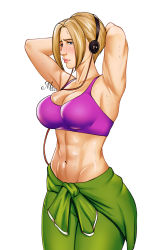 Rule 34 | 1girl, abs, armpits, arms behind head, arms up, blonde hair, blush, breasts, cleavage, clothes around waist, freckles, green jacket, headphones, highres, iq (rainbow six siege), jacket, jacket around waist, lips, looking at viewer, mature female, medium breasts, ms melodine, muscular, muscular female, navel, pink sports bra, rainbow six siege, short hair, signature, sports bra, sweat