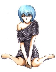 Rule 34 | 1girl, ayanami rei, barefoot, blue hair, expressionless, female focus, highres, looking at viewer, neon genesis evangelion, off shoulder, polka dot, red eyes, short hair, simple background, sitting, solo, wariza, white background