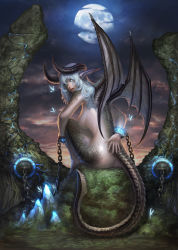 Rule 34 | 1girl, arm behind back, ass, back, barefoot, blue eyes, breasts, chain, chained wrists, cloud, crystal, cuffs, dodqkrwnl, dragon girl, dragon tail, dragon wings, dusk, fairy, fantasy, female focus, from behind, full moon, glowing, grass, highres, horns, knee up, large breasts, lips, long hair, looking at viewer, looking back, monster girl, moon, nature, nude, on ground, open hand, open mouth, original, outdoors, pointy ears, restrained, rock, scales, shackles, silver hair, sitting, sky, solo, tail, wings