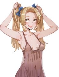 Rule 34 | 1girl, :d, armpits, arms up, blonde hair, blue bow, blush, bow, bow (bhp), breasts, bunching hair, fang, hair bow, hands up, long hair, medium breasts, navel, nightgown, open mouth, original, simple background, smile, solo, sweatdrop, twintails, upper body, white background, yellow eyes