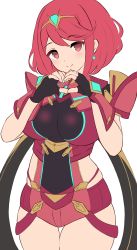 Rule 34 | 1girl, 2022, black gloves, breasts, closed mouth, fingerless gloves, gloves, heart, heart hands, highres, kocha (jgug7553), large breasts, looking at viewer, medium hair, pyra (xenoblade), red eyes, red hair, smile, solo, standing, white background, xenoblade chronicles (series), xenoblade chronicles 2