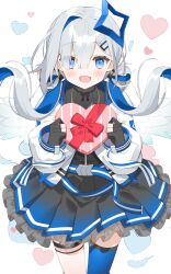 Rule 34 | 1girl, amane kanata, amane kanata (work), black dress, black gloves, blue hair, blue thighhighs, blush, box, box of chocolates, dress, gloves, grey hair, hair intakes, hair ornament, hairpin, halo, heart, highres, holding, holding box, hololive, looking at viewer, official alternate costume, open mouth, partially fingerless gloves, pleated dress, purple eyes, single thighhigh, smile, solo, star halo, thighhighs, virtual youtuber, yoru no yayoi