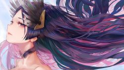 Rule 34 | 1girl, bare shoulders, choker, commentary request, fate/grand order, fate (series), feather hair ornament, feathers, female focus, floating hair, from side, gradient hair, hair ornament, light purple hair, long hair, looking at viewer, minamoto no raikou (fate), minamoto no raikou (fate/grand order), minamoto no raikou (swimsuit lancer) (fate), multicolored hair, neck, parted bangs, parted lips, pink hair, purple eyes, purple hair, solo, tocope, type-moon, very long hair, wind, wind lift