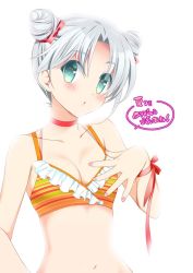 Rule 34 | 1girl, :o, arch bishop (ragnarok online), bad id, bad pixiv id, bare shoulders, bikini, bikini top only, blush, bow, breasts, choker, cleavage, collarbone, colored stripes, cone hair bun, double bun, green eyes, hair bow, hair bun, looking at viewer, maru (sasayama chikage), nail polish, parted lips, pink nails, ragnarok online, red bow, ribbon, short hair, silver hair, simple background, small breasts, solo, striped bikini, striped clothes, swimsuit, text focus, translation request, white background, wrist ribbon, wristband