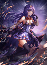 Rule 34 | 1girl, absurdres, bad id, bad pixiv id, black thighhighs, bow, breasts, chain, cleavage, dress, full body, gloves, gya (144), hair ornament, hand up, highres, long hair, looking at viewer, medium breasts, open mouth, original, outdoors, purple dress, purple eyes, purple gloves, purple hair, purple sky, purple theme, red bow, sky, solo, thighhighs