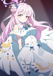 Rule 34 | 1girl, absurdres, angel wings, blue archive, blush, capelet, closed mouth, crescent, crescent pin, dress, feathered wings, flower, gpyz7575, hair bun, hair flower, hair ornament, halo, highres, index finger raised, long hair, looking at viewer, mika (blue archive), pink hair, pink halo, purple flower, single side bun, smile, solo, white capelet, white dress, white wings, wings, yellow eyes