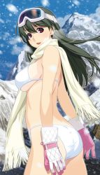 Rule 34 | 1girl, ass, bikini, black hair, breasts, gloves, goggles, goggles on head, ino (magloid), large breasts, long hair, looking at viewer, mountain, original, red eyes, scarf, sideboob, snowing, solo, strap gap, swimsuit, underboob, white bikini