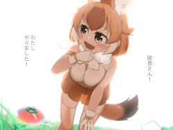 Rule 34 | 1girl, after battle, animal ears, bare shoulders, bent over, blush, bow, breasts, brown hair, cellien (kemono friends), chis (js60216), dhole (kemono friends), dog ears, dog girl, dog tail, extra ears, gloves, grass, heavy breathing, kemono friends, kemono friends 3, large breasts, multicolored hair, open mouth, shirt, short hair, skirt, sleeveless, smile, solo, sweat, tail, translated, two-tone hair, white hair